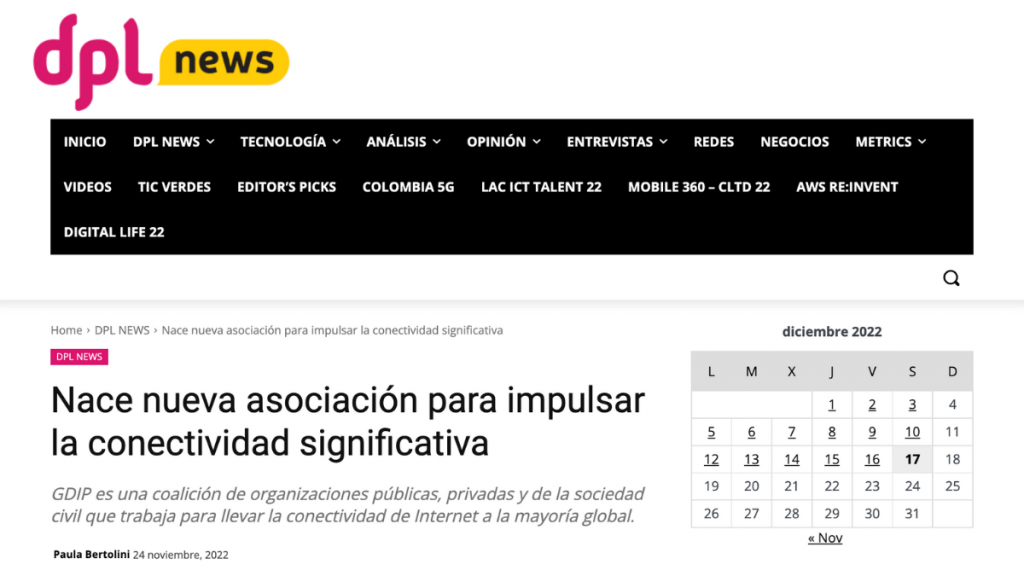 Screenshot of DPL News article Nace nueva asociación para impulsar la conectividad significativa by Paula Bertolini