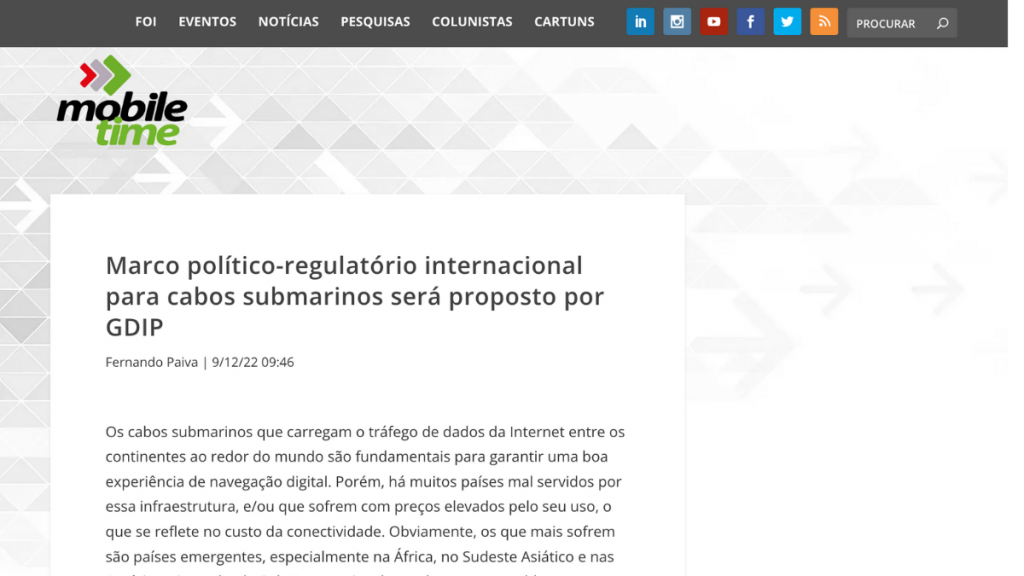 Screenshot of Mobile Time’s article Marco político-regulatório internacional para cabos submarinos será proposto por GDIP by Fernando Paiva