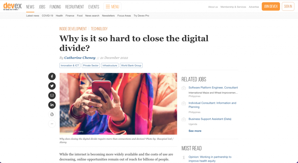 Screenshot of Devex's Why is it so hard to close the digital divide? by Catherine Cheney