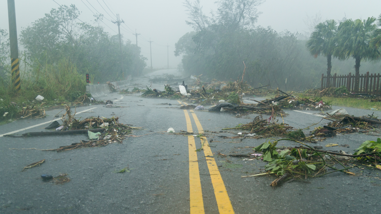 Debri blocking road during a typhoon