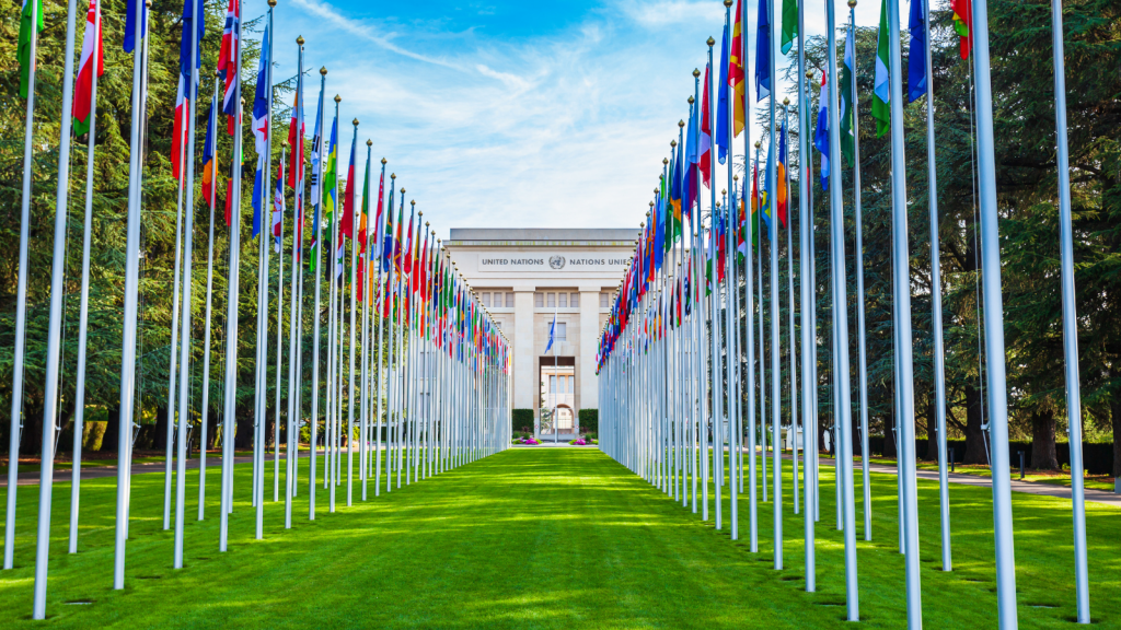 Flags of UN member states in front of United Nations Office at Geneva 