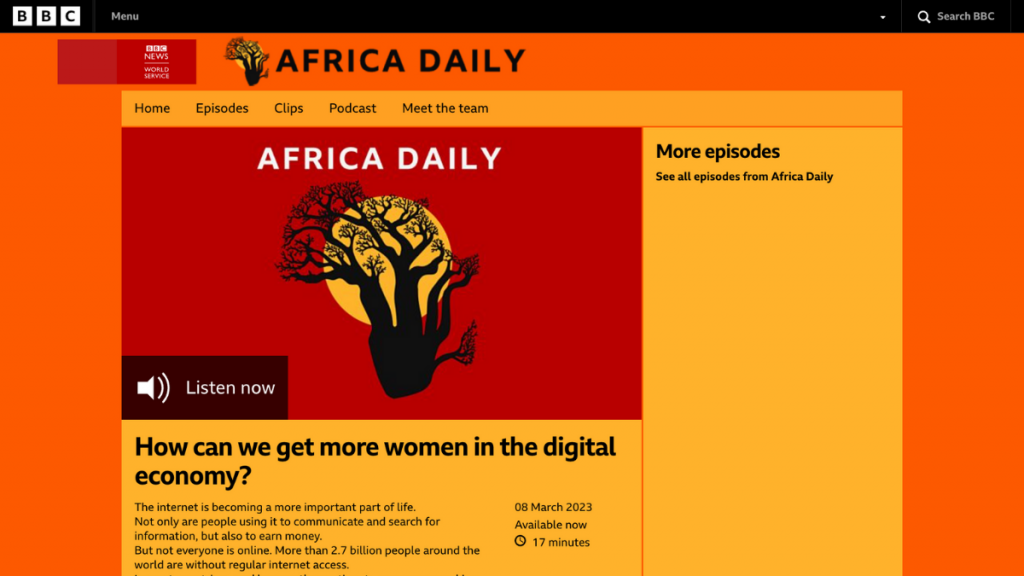 Screencapture of BBC's Africa Daily Episode How can we get more women in the digital economy? with GDIP Senior Advisor Eleanor Sarpong