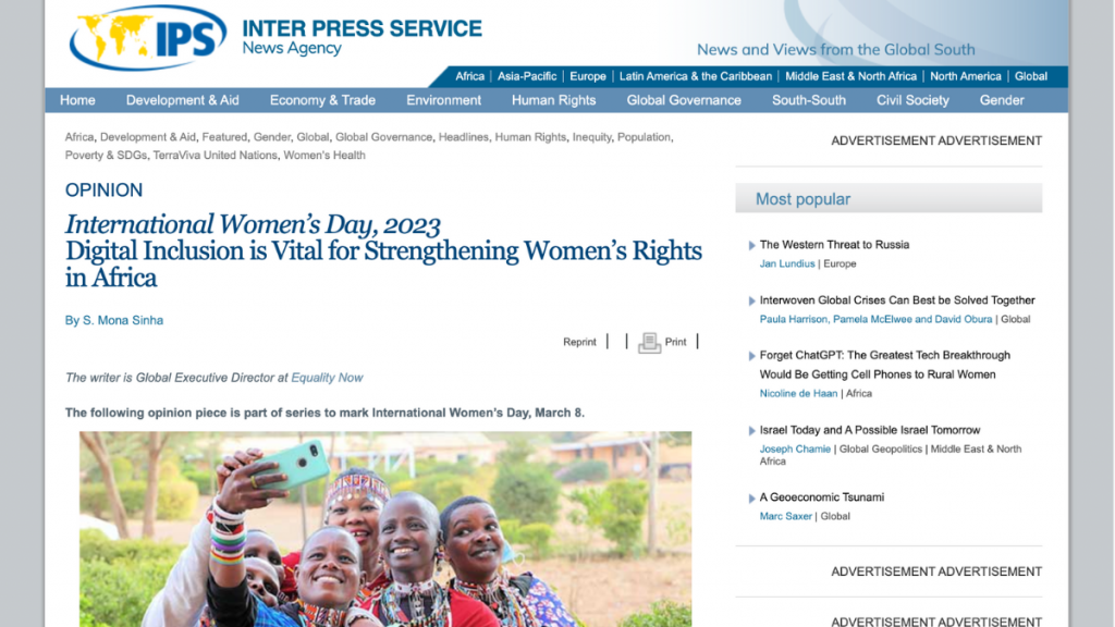 Screencapture of Equality Now's OpEd on Inter Press Service on International Women's Day 2023