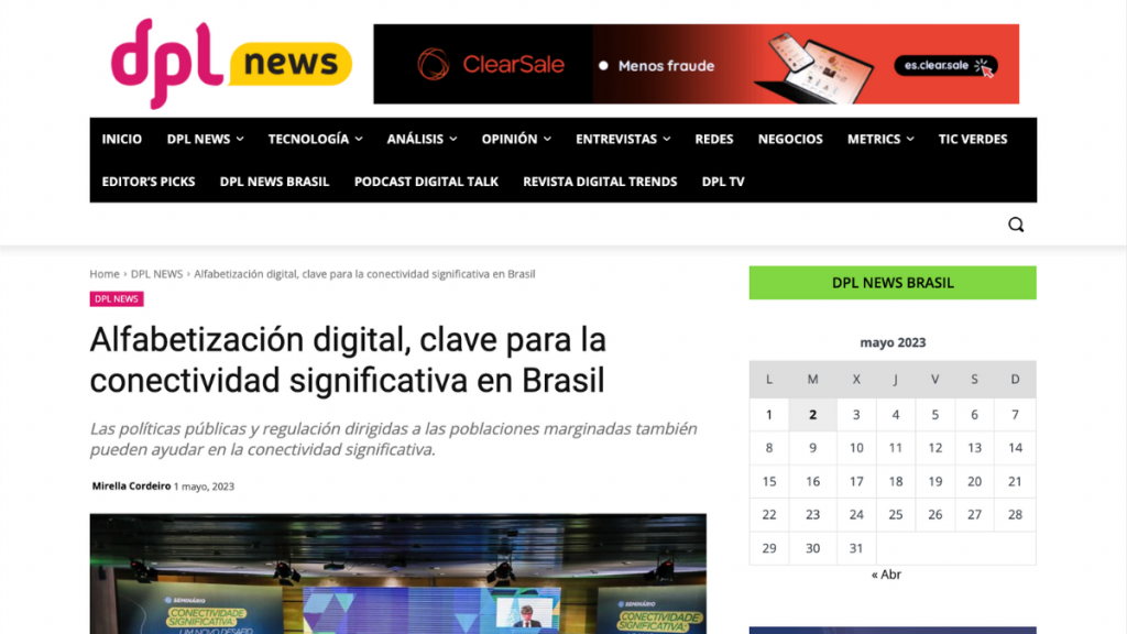 Screenshot of DPL News article Alfabetización digital, clave para la conectividad significativa en Brasil