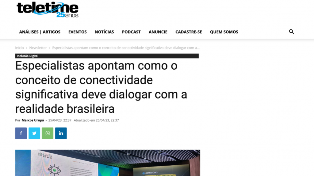 Screenshot of Teletime Brazil article Especialistas apontam como o conceito de conectividade significativa deve dialogar com a realidade brasileira